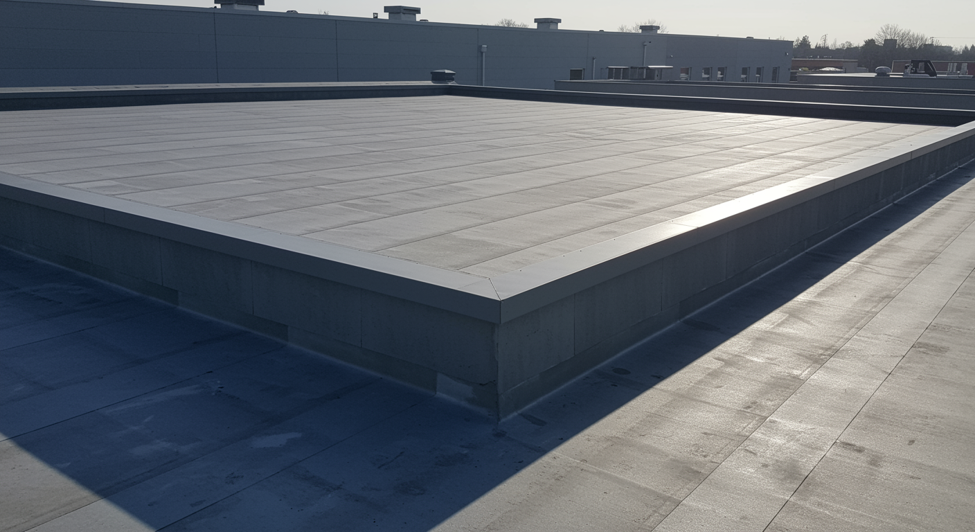 Modern commercial building featuring a finished flat roof with clean, professional lines under natural sunlight