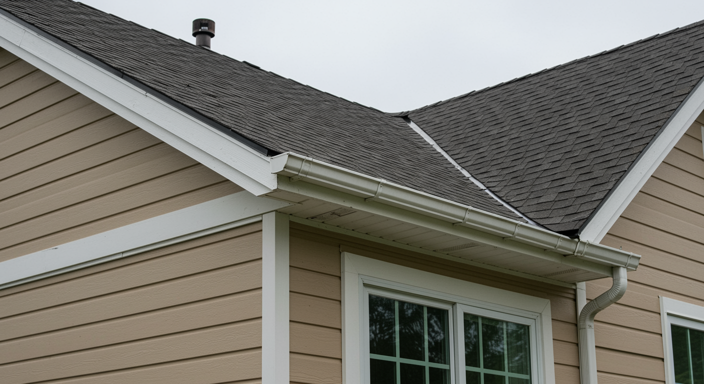 Closeup of a modern home roof with newly installed gutters and clean roofline