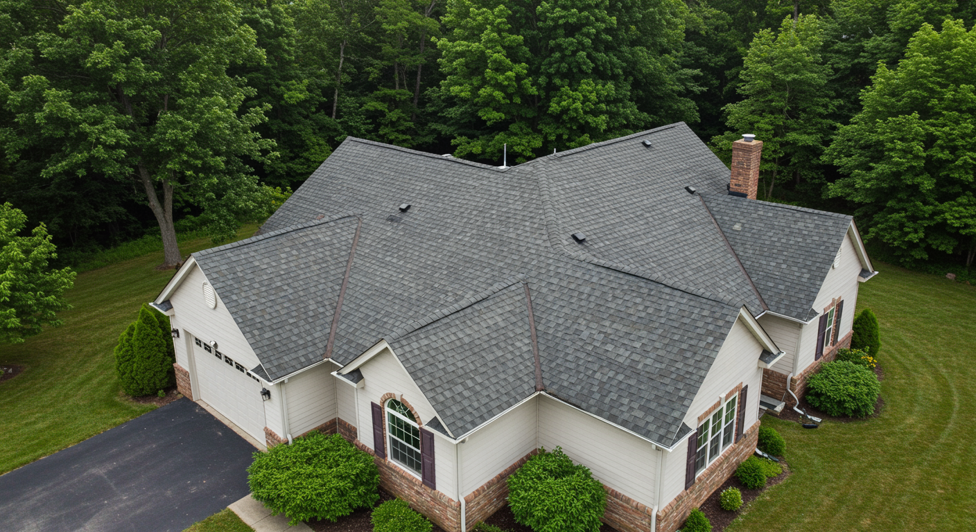 Aerial view of a house with a pristine roof after a professional inspection, surrounded by green trees under a clear sky