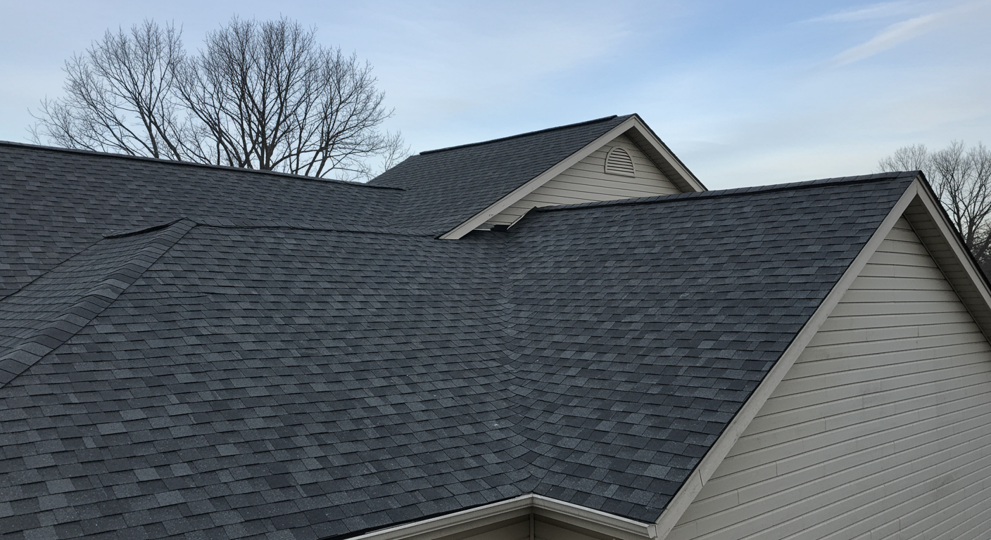 Newly replaced residential roof with clean shingles and flawless installation under a clear blue sky